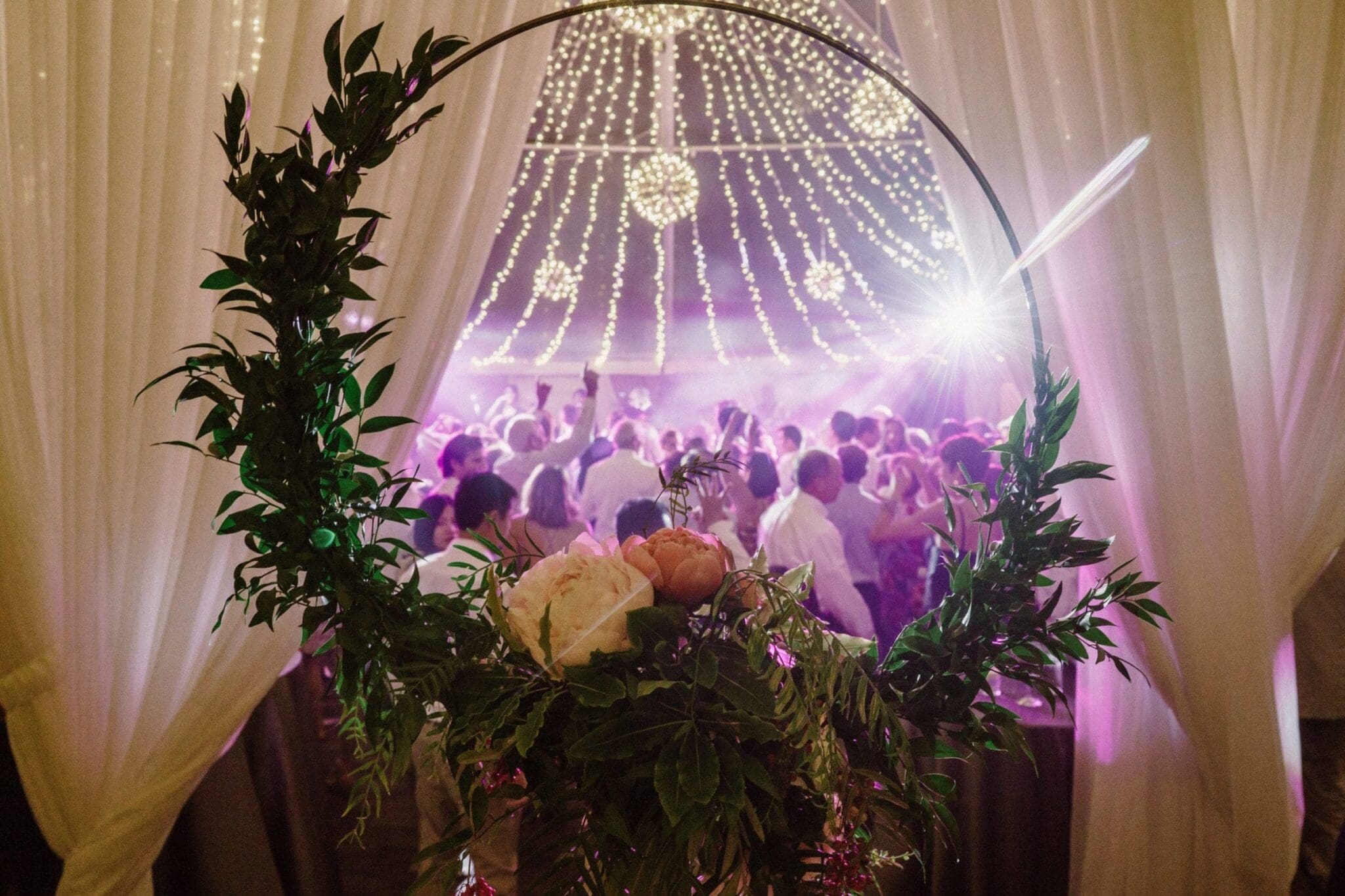 A Starry Night in New England Luxury Wedding floral hoop and lighting design 